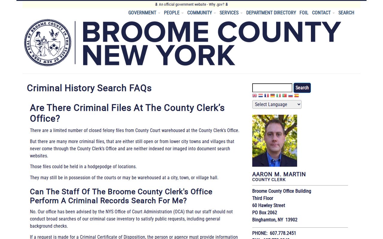 Broome County criminal case file warning from the County Clerk