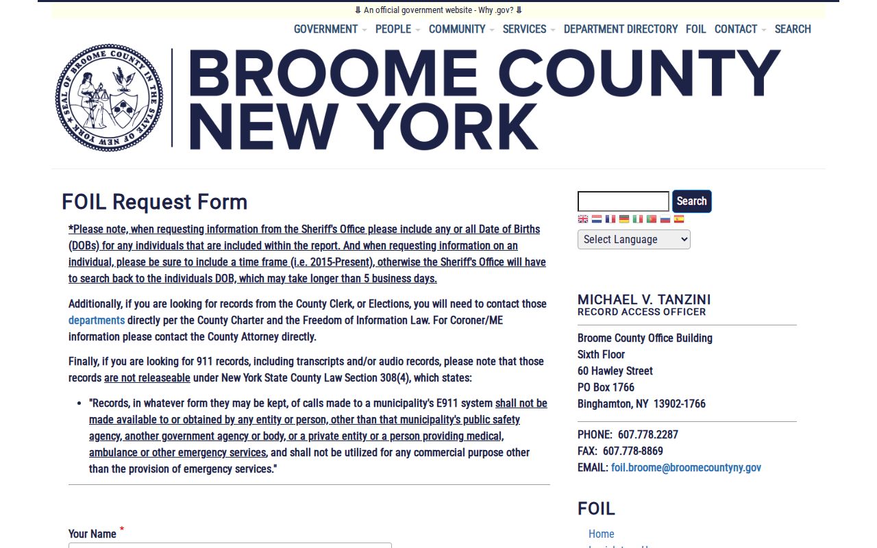 Broome County criminal record FOIL request form