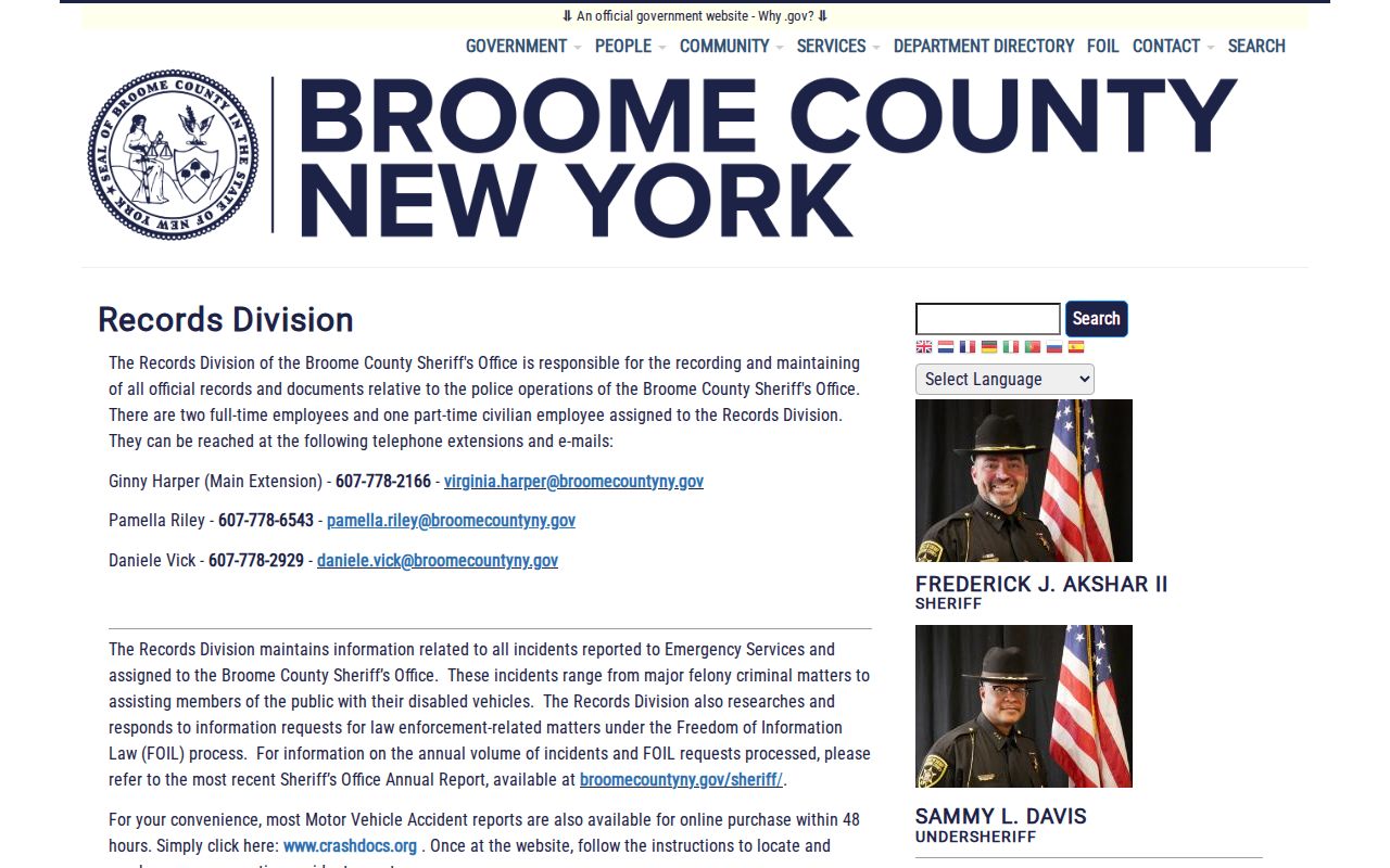Broome County criminal history Sheriff Records Division contacts